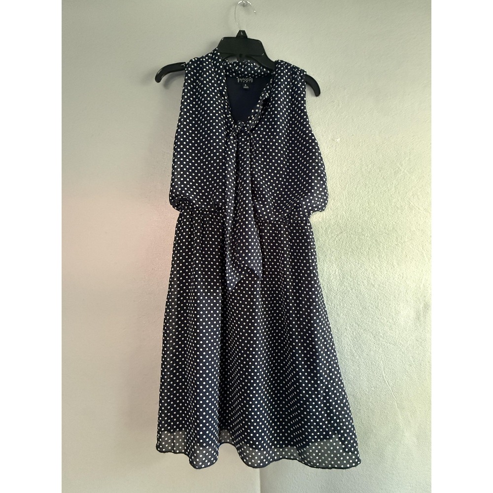 En Focus Studio Dress Womens 4 Blue Polka Dot Chiffon Fit & Flare Bow Neck